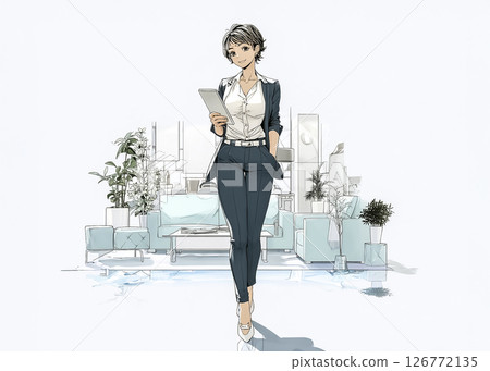 Young woman moving through the office with documents in hand 126772135