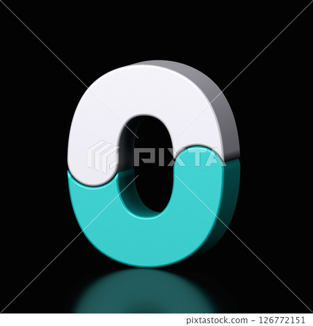 3d letter O plastic teal and white from alphabet isolated in a black background. Hi tech metallic font character design illustration, text minimal style, 3d rendering 126772151