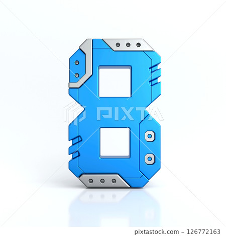 Number eight 3D sci-fi logo. Cyber technology abstract texture alphabet font. Hi tech metallic number 8 typography character design illustration, blue silver metal text, 3d rendering 126772163