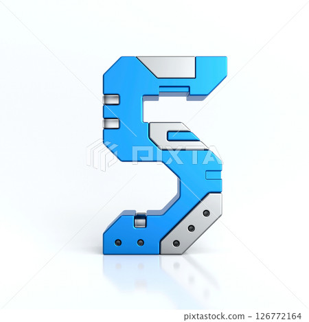 Number five 3D sci-fi logo. Cyber technology abstract texture alphabet font. Hi tech metallic number 5 typography character design illustration, blue silver metal text, 3d rendering 126772164