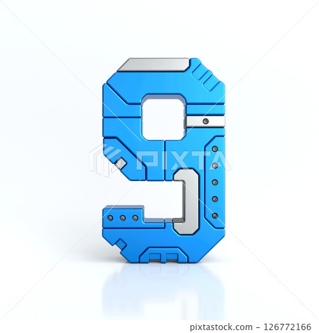Number nine 3D sci-fi logo. Cyber technology abstract texture alphabet font. Hi tech metallic number 9 typography character design illustration, blue silver metal text, 3d rendering 126772166