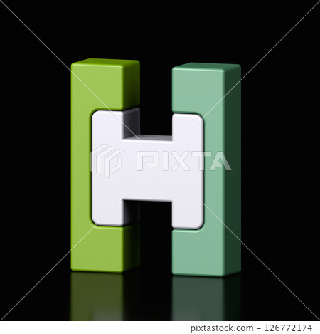3d letter H plastic green and white from alphabet isolated in a black background. Hi tech metallic font character design illustration, text minimal style, 3d rendering 3d letter H plastic green and white from alphabet isolated in a black background. Hi tech metallic font character design illustration, text minimal style, 3d rendering 126772174