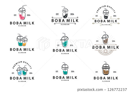 Boba Drink Logo, Milk Tea Cute Boba Pearl Jelly Drink Bubble Vector Simple Minimalist Design 126772237