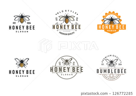 Organic honey bee logo design set bundle retro vintage concept bee animal premium template bumblebee 126772285