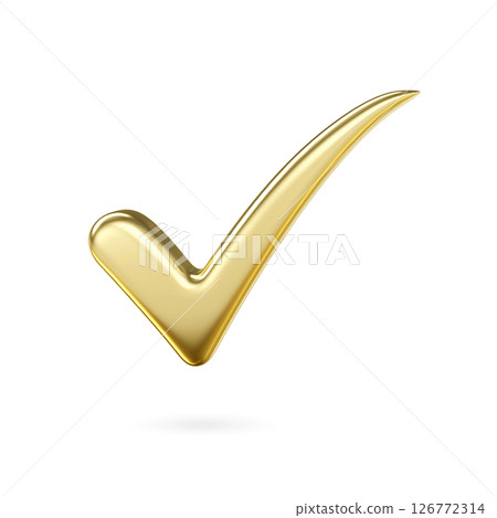 3d gold metal check mark icon. check list button choice for right, success, tick select, accept, agree on application, 3D rendering 126772314