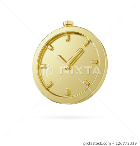 Gold metal alarm clock icon. Golden watch minimal design concept of time. 3d gold clock isolated on white background. 3d alarm for watch hour and minuter, 3d rendering 126772339