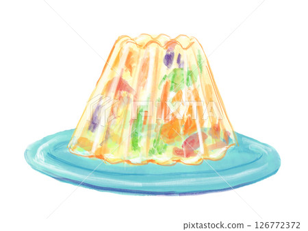 A hand-drawn watercolor illustration of a delicious-looking transparent fruit jelly A hand-drawn watercolor illustration of a delicious-looking transparent fruit jelly 126772372