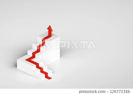 Red arrow up with white stair on white background, 3D arrow climbing up over a staircase , 3d stairs with arrow going upward, 3d rendering 126772388