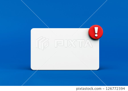3d white reminder popup bell push notification symbol. Empty application message on blue background. Blank note icon copy space for text. 3d rendering 126772394