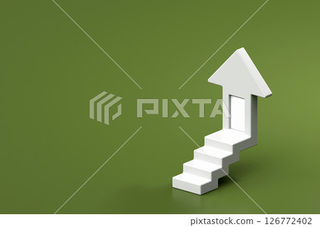 3d white stepped vertical arrow going up with entrance on green background. Growth, personal development, motivation, achievement and ambition concept. 3d rendering 126772402