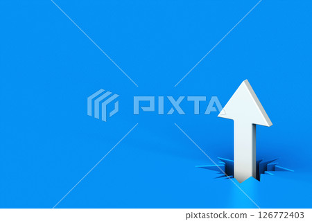 White arrow breaking through from blue floor, 3d white arrow out of broken ground, 3d rendering 126772403