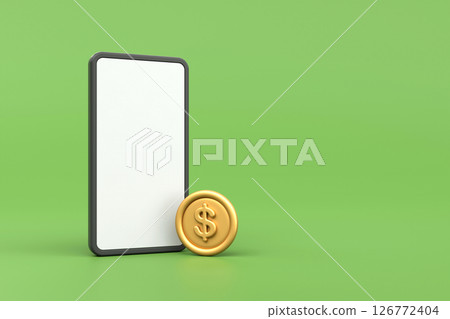 Phone white screen with gold coins on green background, Concept of mobile online shopping, 3D rendering 126772404