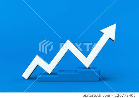 Graph arrow up on stair. Growing white arrow with stair on blue background. Simple white graph. Concept of growth and increase. Three-dimensional indicator arrow. 3d rendering. 126772405