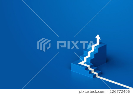 White arrow up with blue stair on blue floor background, 3D arrow climbing up over a staircase , 3d stairs with arrow going upward, 3d rendering 126772406
