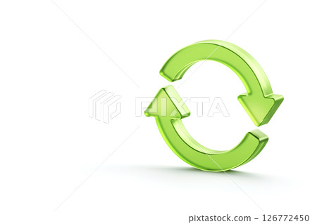 Two glass green arrows icon on white background, update symbol. 3d green glass update, refresh icon, 3d rendering Two glass green arrows icon on white background, update symbol. 3d green glass update, refresh icon, 3d rendering 126772450
