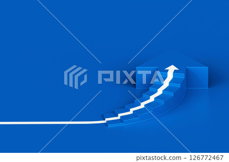 White arrow following the spiral staircase of growth on blue background, 3D arrow climbing up over spiral staircase, 3d stairs with arrow going upward, 3d rendering White arrow following the spiral staircase of growth on blue background, 3D arrow climbing up over spiral staircase, 3d stairs with arrow going upward, 3d rendering 126772467