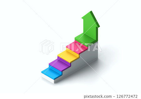 3d colorful business infographic element. Ladder of progress, career growth, financial success, consisting of 5 steps, with an arrow tending upward. 3d rendering 126772472