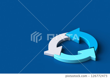 Three arrows update symbol, 3d Rotate circle symbol, 3d refresh icon on blue background. 3d rendering 126772473