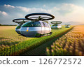 A near-future vision of agricultural produce being transported by flying cars 126772572