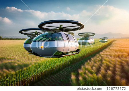 A near-future vision of agricultural produce being transported by flying cars A near-future vision of agricultural produce being transported by flying cars 126772572