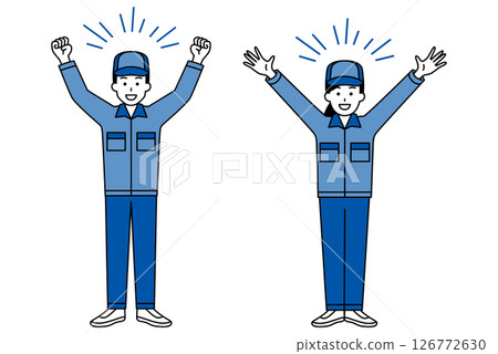 Man and woman in work clothes cheering with arms raised (full body) Man and woman in work clothes cheering with arms raised (full body) 126772630