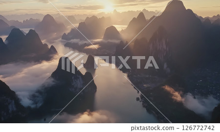 Aerial photography of mountains, rivers and streams at dusk 126772742