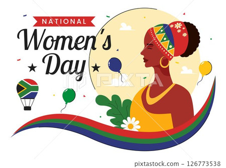 Happy Women's Day in South Africa Celebration Vector Illustration Featuring an Ethnic Black Woman and Waving Flag on a National Holiday Background Happy Women's Day in South Africa Celebration Vector Illustration Featuring an Ethnic Black Woman and Waving Flag on a National Holiday Background 126773538