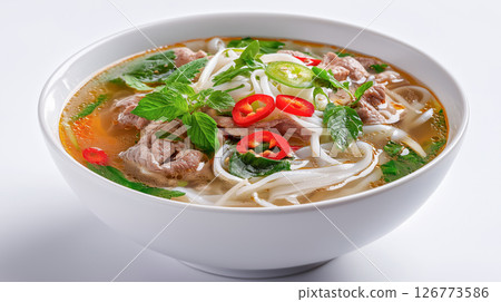 Delicious bowl of pho with beef and fresh herbs Delicious bowl of pho with beef and fresh herbs 126773586
