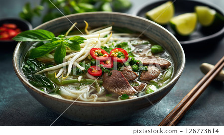 Delicious Vietnamese pho with fresh ingredients Delicious Vietnamese pho with fresh ingredients 126773614