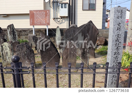 Ancient pagodas and stone Buddhas at the Hojojuji Temple site 126773638