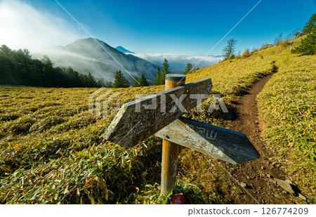 Morning mist flows through the Daibosatsu mountain range and Mt. Fuji as seen from Ishimaru Pass 126774209