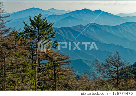 Morning view of the Okutama Sanzan mountains from the Daibosatsu Range and Kumasawayama Mountain 126774470