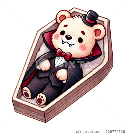 A cute cartoon bear in a coffin with a top hat and cape. A cute cartoon bear in a coffin with a top hat and cape. 126774536