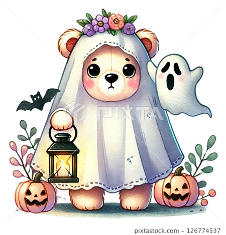 A cute Halloween bear wearing a ghost costume holding a lantern. A cute Halloween bear wearing a ghost costume holding a lantern. 126774537