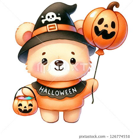 Cute bear in Halloween costume holding pumpkin balloons. 126774558