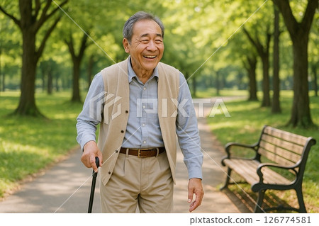 一位老人在鬱鬱蔥蔥的公園散步的健康生活方式照片 126774581