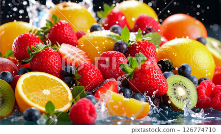 黑色背景中多汁的新鮮夏季水果 126774710