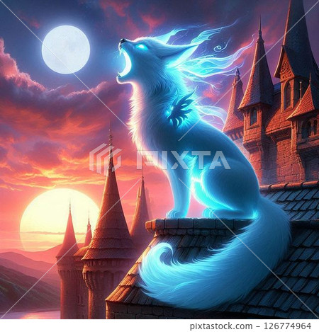 Illustration of a mysterious cat surrounded by blue light 126774964