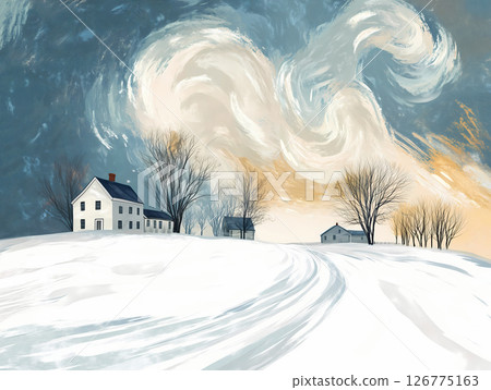 Winter rural cottage with snow and abstract cloudscape 126775163