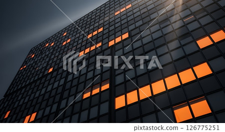 Checkered facade with rectangular windows in orange and dark grey 126775251