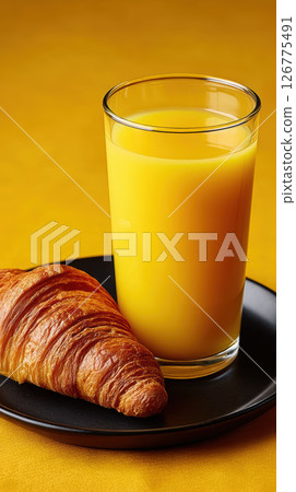 Glass of orange juice and croissant on black plate, breakfast setup on yellow background Glass of orange juice and croissant on black plate, breakfast setup on yellow background 126775491