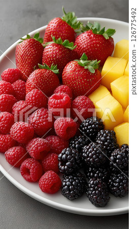 Fresh strawberries, raspberries, blackberries, and mango cubes white plate, vibrant and inviting 126775492