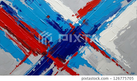 Abstract painting with dynamic brushstrokes in vibrant blue, red and white 126775705