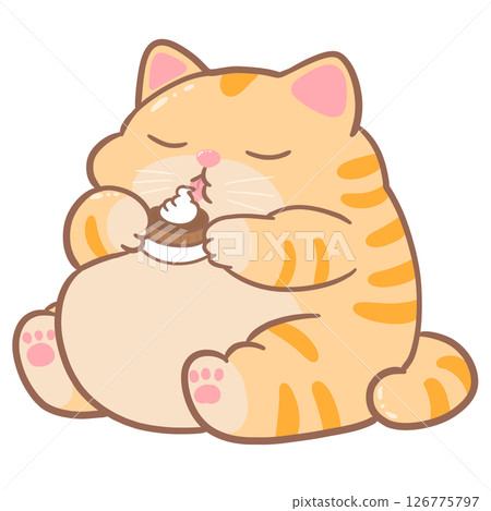 Cartoon of a fat orange cat sitting and eating. 126775797