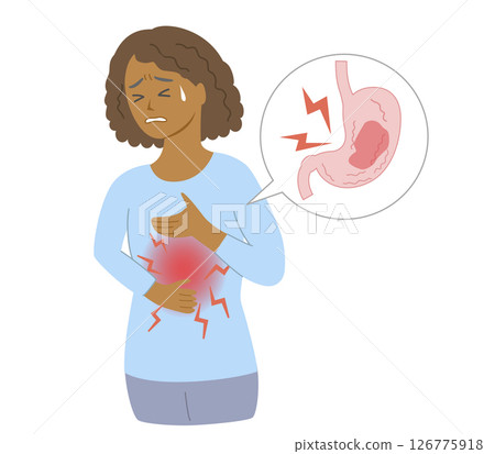 Illustration of the upper body of a black woman holding her chest in pain because of a stomach ache 126775918