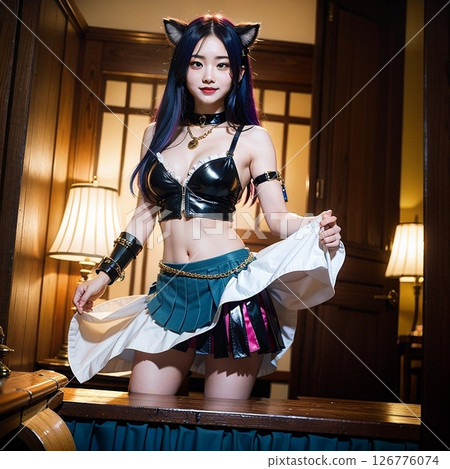 She's wearing a black costume and has cat ears and a big smile!! 126776074