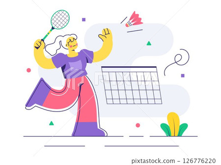 Vector Illustration of a Badminton Player Featuring a Shuttlecock and Racket on the Court, Competing in the Sport as a Leisure Activity Background 126776220