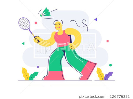 Vector Illustration of a Badminton Player Featuring a Shuttlecock and Racket on the Court, Competing in the Sport as a Leisure Activity Background 126776221
