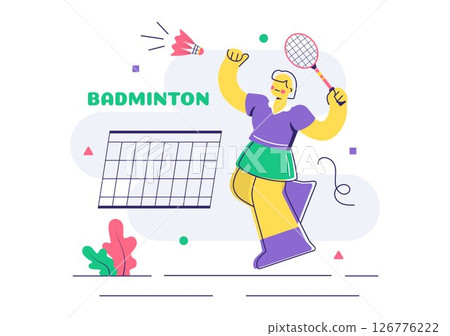 Vector Illustration of a Badminton Player Featuring a Shuttlecock and Racket on the Court, Competing in the Sport as a Leisure Activity Background Vector Illustration of a Badminton Player Featuring a Shuttlecock and Racket on the Court, Competing in the Sport as a Leisure Activity Background 126776222