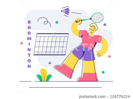 Vector Illustration of a Badminton Player Featuring a Shuttlecock and Racket on the Court, Competing in the Sport as a Leisure Activity Background Vector Illustration of a Badminton Player Featuring a Shuttlecock and Racket on the Court, Competing in the Sport as a Leisure Activity Background 126776224
